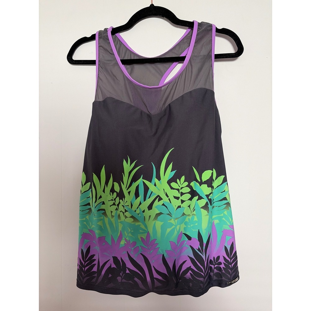 ZeroXposur Tankini Swim Top Womens 16 Grey Purple Tropical Mesh Racerback Beach